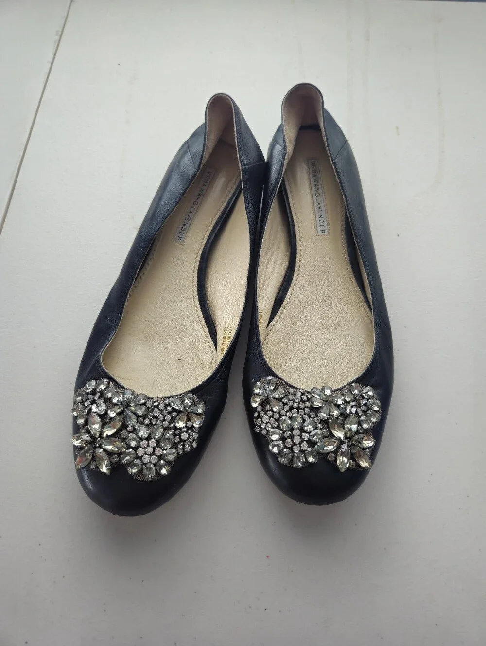 Vera Wang Lavender Black Leather Ballet Flats with Crystal Flower Appliqué